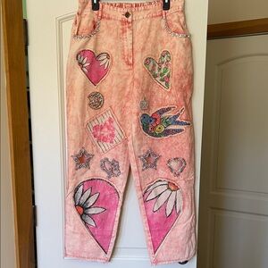 A Rare Bird Embroidered Pink Jeans with Heart and Flower Designs